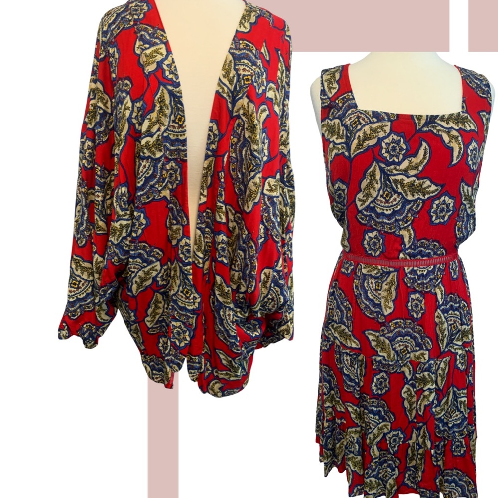 Maurices 2 pc Red Floral Skater Dress & Kimono  Boho Artsy Plus Size 1X